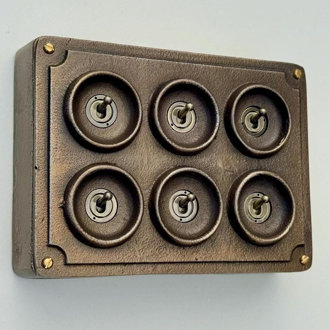 Brassvane 6 gang conduit light switch overall view